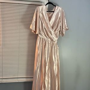 Peach pink plus sized satin bridesmaid dress